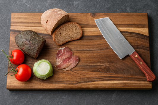 Elegancka deska do krojenia z drewna orzechowego z wyraźnym usłojeniem, na której ułożono świeże pomidory na gałązce, główkę brukselki, kromki chleba żytniego, plastry wędliny oraz nóż kuchenny z drewnianą rączką – stylowa scena kulinarna w rustykalnym klimacie.
