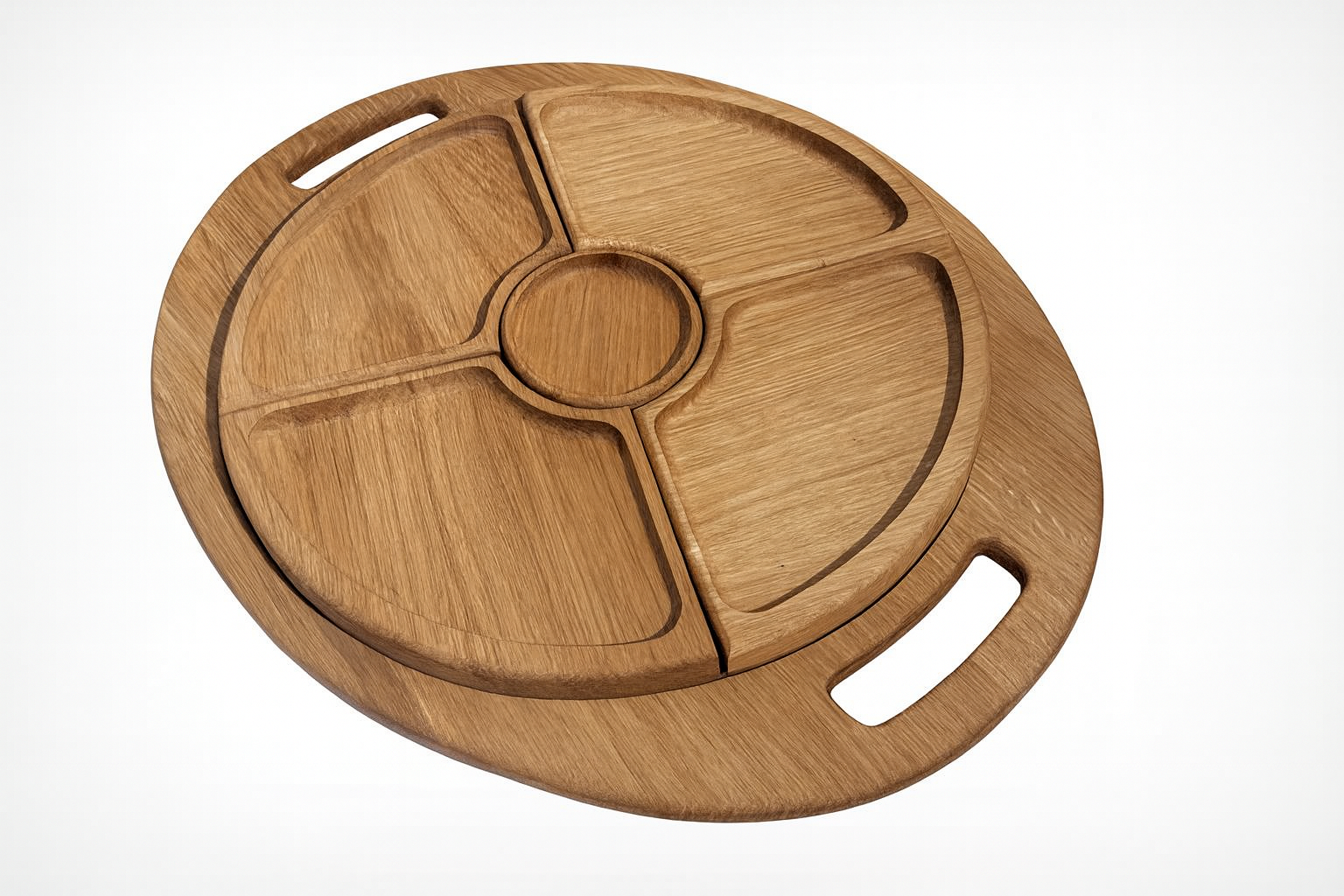 Drewniana deska do serwowania z dębu, okrągła z czterema komorami i uchwytami po bokach, idealna do podawania przekąsek i sosów – elegancki, naturalny styl.