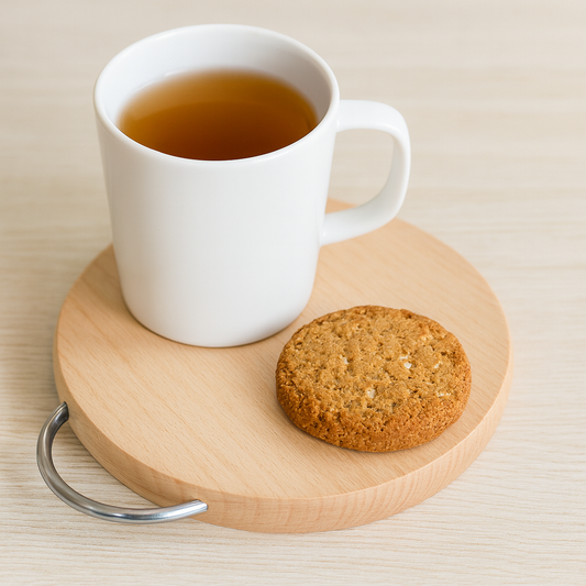 Mała, okrągła deseczka bukowa z metalowym uchwytem, na której stoi biały kubek z herbatą i leży owsiane ciastko. Scena na jasnym drewnianym stole w stylu skandynawskim, z naturalnym światłem