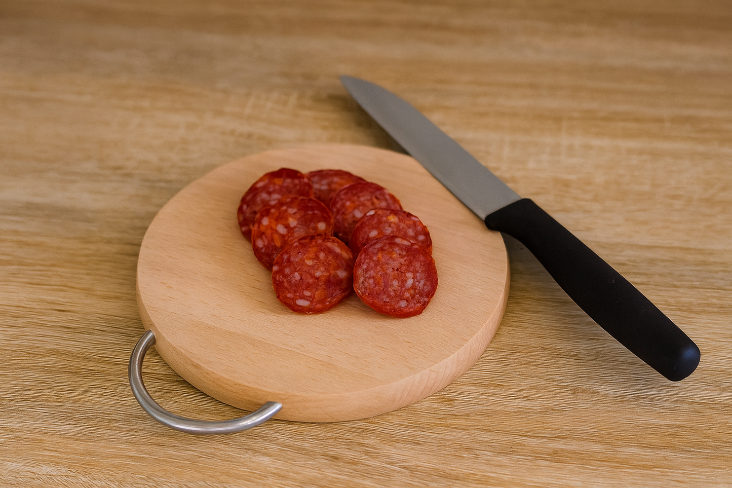 Okrągła deska bukowa o średnicy 16 cm i grubości 1,5 cm z metalowym uchwytem. Na desce ułożono kilka plasterków kiełbasy, obok leży nóż kuchenny. Scena w kuchni na drewnianym blacie