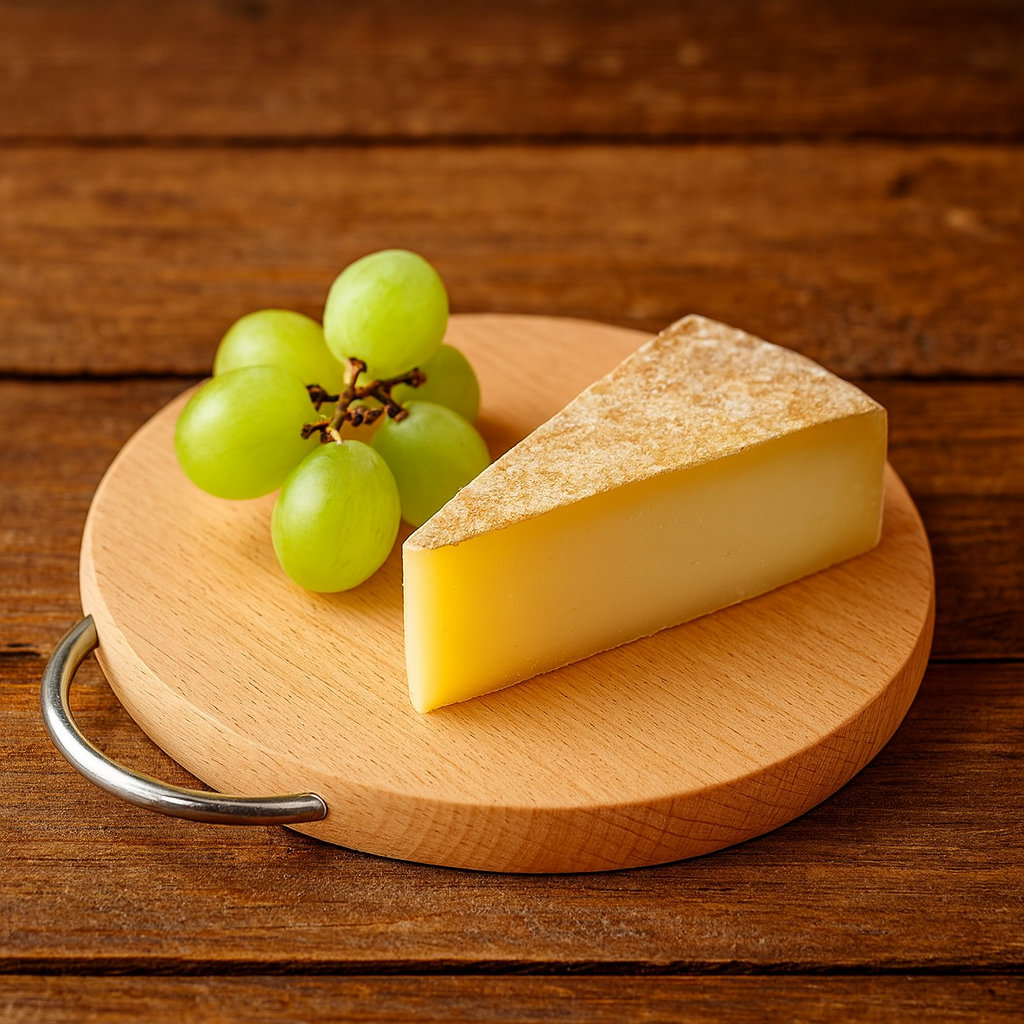 Okrągła deska bukowa o średnicy 18 cm i grubości 1,5 cm z metalowym uchwytem. Na desce ułożony kawałek sera i kilka winogron