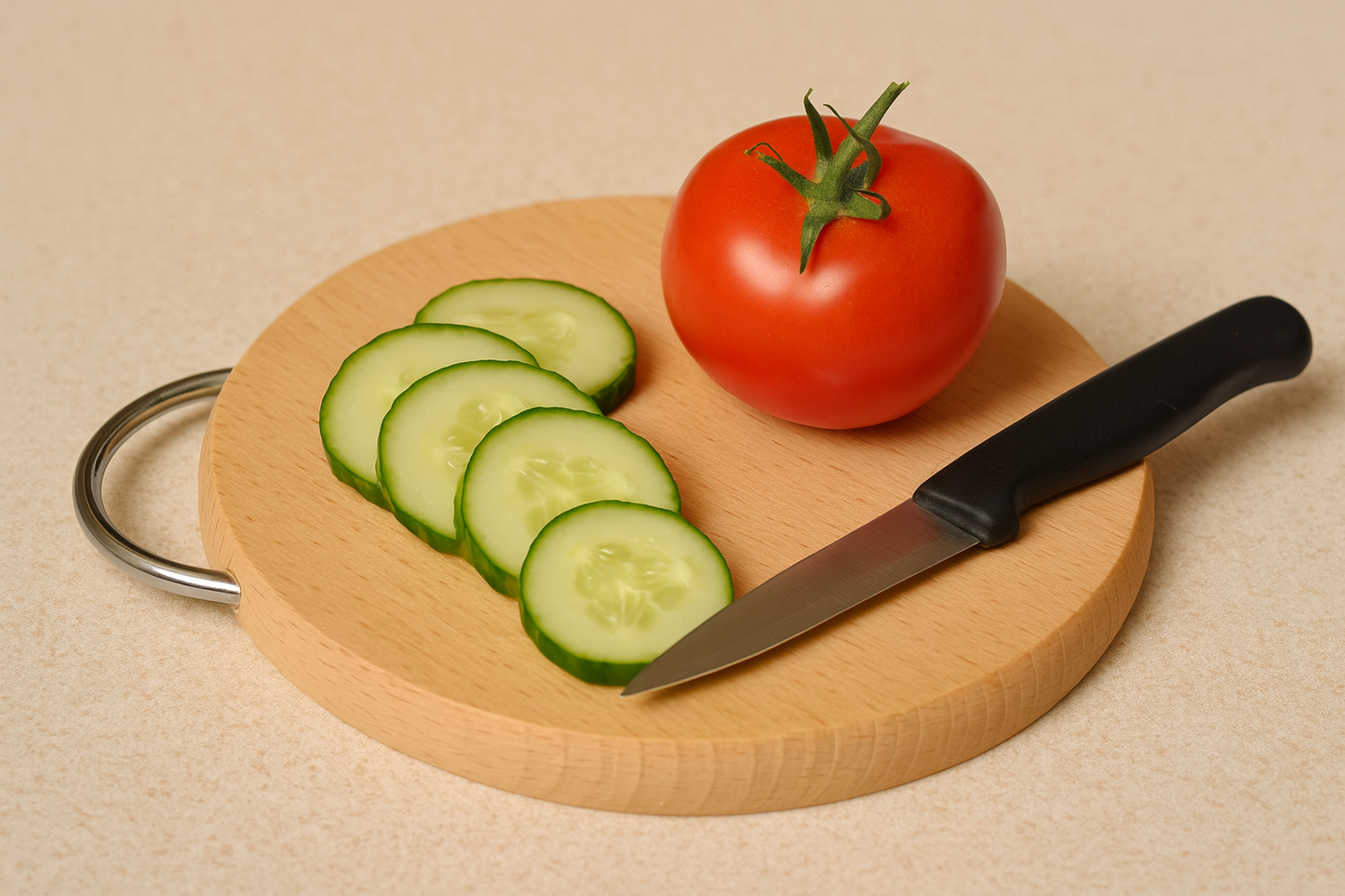 Drewniana deska bukowa o średnicy 20 cm i grubości 1,5 cm z metalowym uchwytem. Na desce ułożono plasterki świeżego ogórka, czerwonego pomidora i kuchenny nóż.