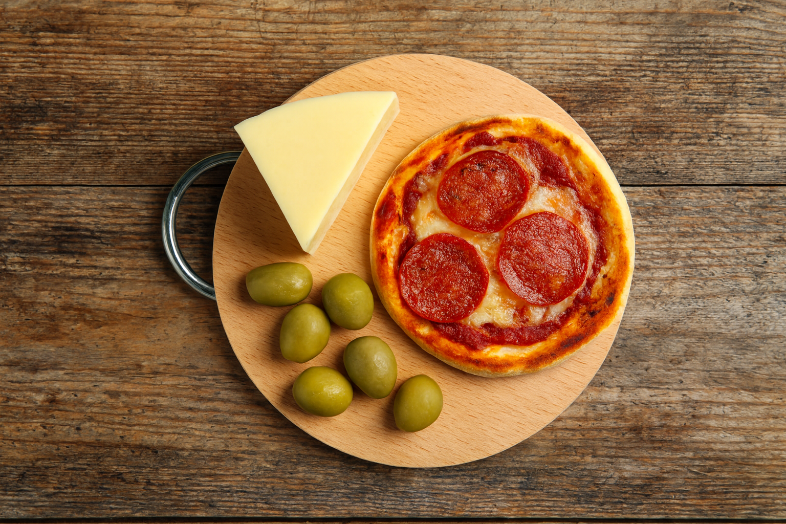 Okrągła drewniana deska bukowa o średnicy 22 cm i grubości 1,5 cm z metalowym uchwytem. Na desce mini pizza pepperoni, kilka zielonych oliwek i trójkątny kawałek sera. Scena na rustykalnym, drewnianym stole w naturalnym świetle.