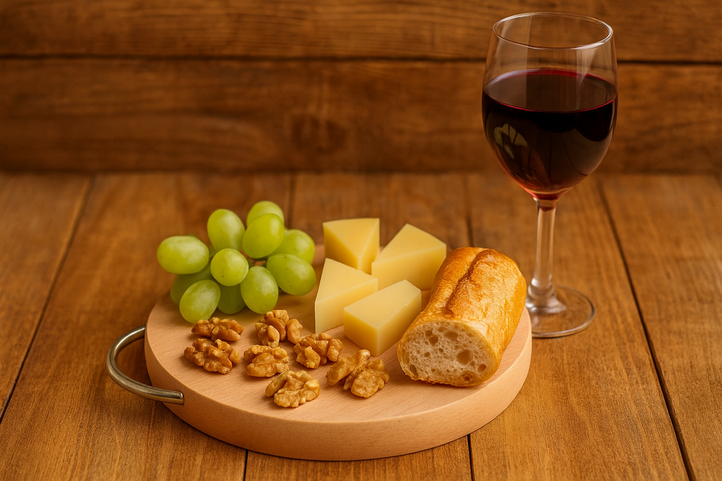 Okrągła deska bukowa o średnicy 25 cm i grubości 1,5 cm z metalowym uchwytem, na której ułożono kawałki sera, winogrona, orzechy włoskie i fragment bagietki. Obok kieliszek czerwonego wina.