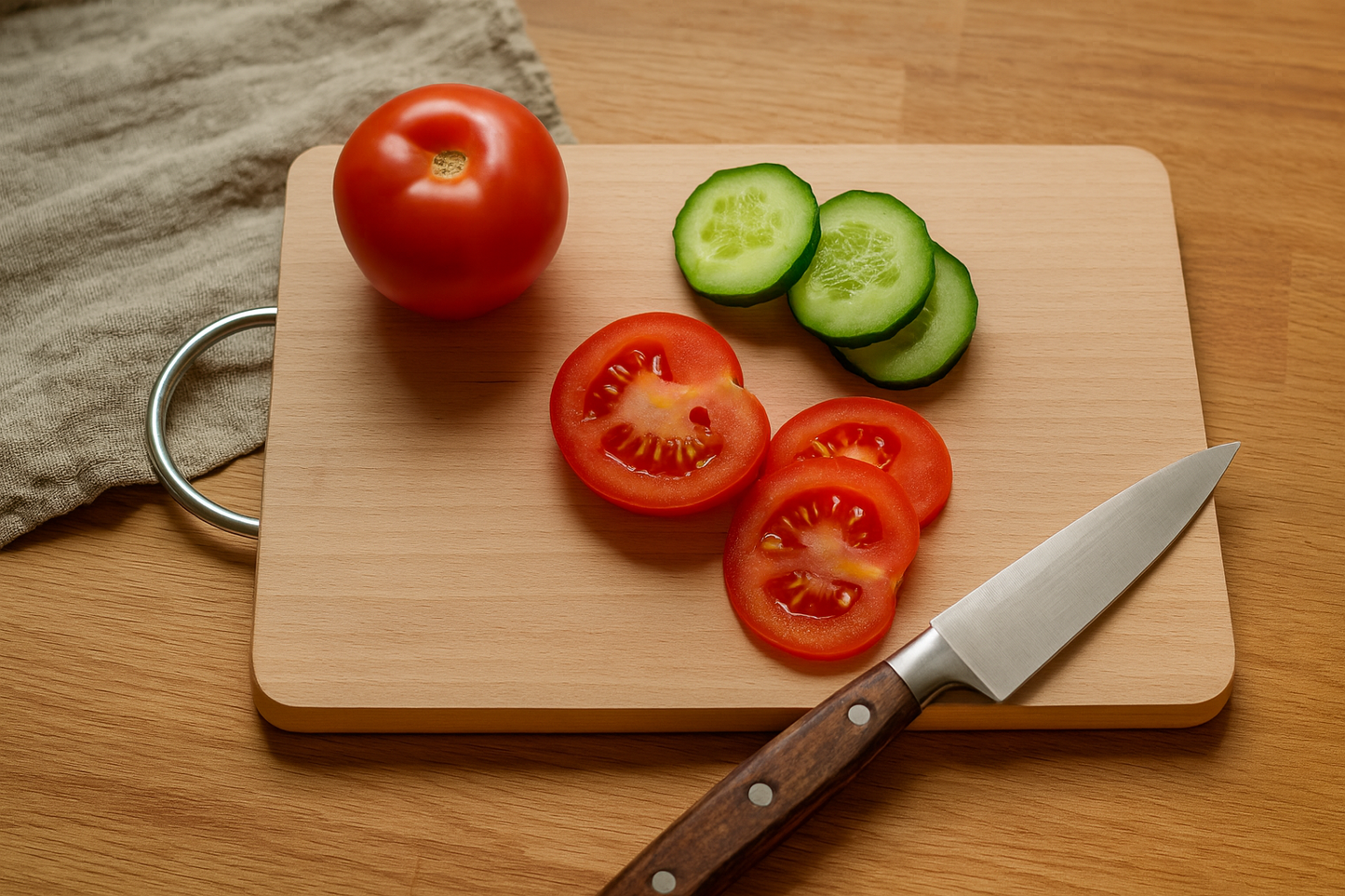 Drewniana deska bukowa o wymiarach 16×23 cm z metalowym uchwytem. Na desce leżą pokrojone plasterki pomidora i ogórka, obok nóż kuchenny z drewnianą rączką. W tle lniany ręcznik i blat z jasnego drewna, całość w ciepłym, naturalnym świetle.