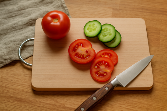 Drewniana deska bukowa o wymiarach 16×23 cm z metalowym uchwytem. Na desce leżą pokrojone plasterki pomidora i ogórka, obok nóż kuchenny z drewnianą rączką. W tle lniany ręcznik i blat z jasnego drewna, całość w ciepłym, naturalnym świetle.