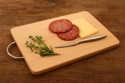 Prostokątna deska bukowa z metalowym uchwytem o wymiarach 18×28 cm i grubości 1,5 cm. Na desce leżą plasterki salami, żółty ser, kilka gałązek świeżych ziół i stalowy nożyk. Scena rustykalna, naturalne oświetlenie, drewniany stół w ciepłych tonach.