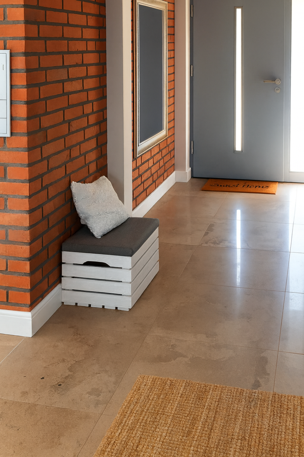 Nowoczesny przedpokój z ceglaną ścianą, jasną podłogą z płytek i szarą ławką wykonaną z białej drewnianej skrzyni z poduszką. W tle widoczne szare drzwi wejściowe i wycieraczka, całość w ciepłym świetle dziennym.