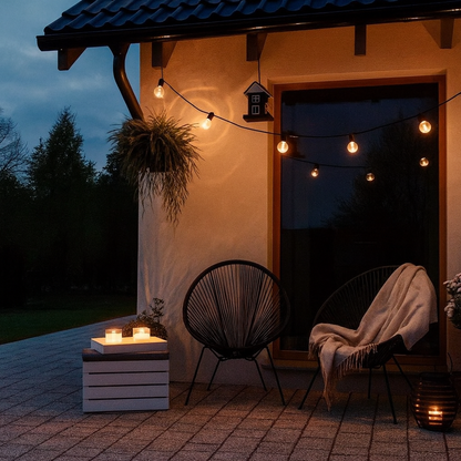 Przytulny taras o zmierzchu – dwa czarne krzesła z plecionym oparciem, jedno z jasnym kocem, obok biała skrzynka z palącymi się świecami. Na ścianie domu ciepłe światło girlandy żarówek, obok zwisająca roślina i mały domek dla ptaków. Rustykalny klimat, spokojny wieczór na zewnątrz.