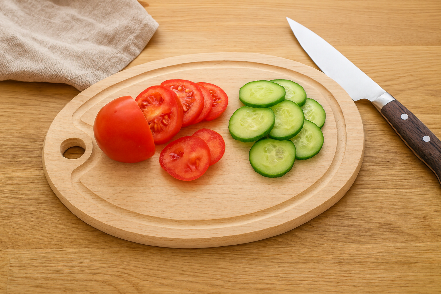 Owalna deska bukowa do krojenia o wymiarach 38×29 cm z rowkiem i otworem na uchwyt. Na desce ułożone są plasterki pomidora i ogórka, obok leży nóż kuchenny oraz lniany ręcznik.
