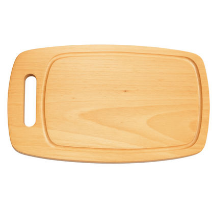 Drewniana deska kuchenna „Beczka” z rowkiem i uchwytem, wykonana z jasnego drewna bukowego. Gładka powierzchnia, zaokrąglone krawędzie, prostokątny kształt z delikatnym zaobleniem boków – idealna do krojenia i serwowania.