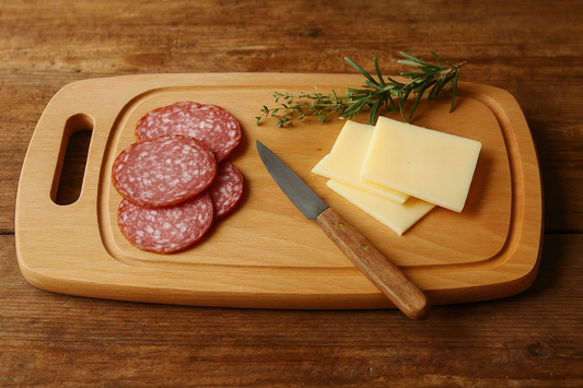 Drewniana deska bukowa do krojenia i serwowania o wymiarach 44×28 cm z uchwytem i rowkiem. Na desce ułożone plastry wędlin, kawałki sera, nożyk z drewnianą rączką oraz gałązki rozmarynu i tymianku. Scena w stylu rustykalnym, na tle drewnianego stołu, w ciepłym naturalnym świetle.