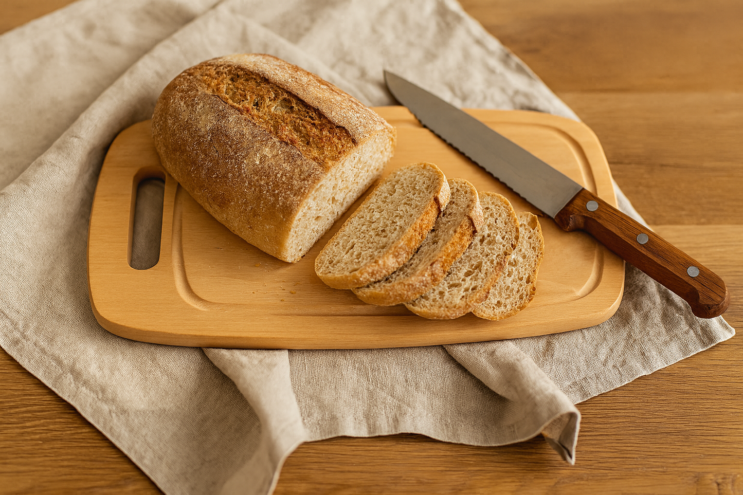 Drewniana deska bukowa o wymiarach 32×18 cm z rowkiem, na której leży pokrojony rustykalny bochenek chleba. Obok nóż z drewnianą rękojeścią i lniany ręcznik na stole z naturalnego drewna. Ciepłe światło dzienne, domowy, naturalny klimat.