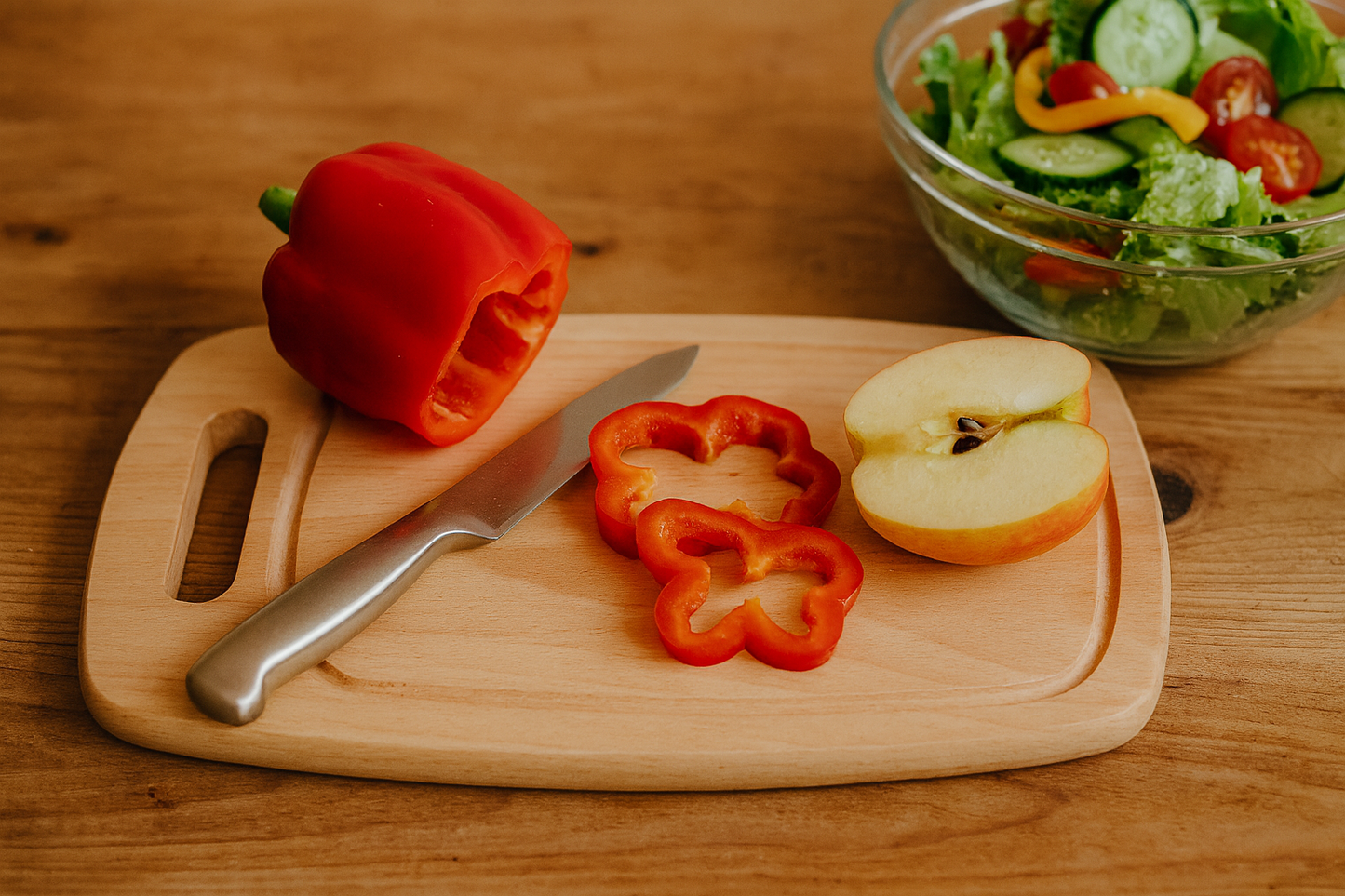 Drewniana deska bukowa do krojenia o wymiarach 36×20 cm, na której leży nóż, plasterki czerwonej papryki i połówka jabłka. W tle miska z sałatką z pomidorów, ogórka i liści sałaty. Scena kuchni w naturalnym świetle, na drewnianym stole, w ciepłym rustykalnym stylu.