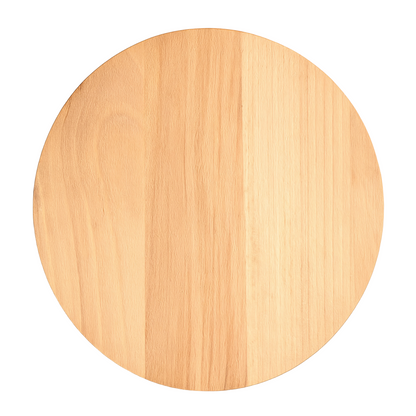 Okrągła deska obrotowa do serwowania  z naturalnego drewna bukowego, gładko wykończona i ukazana na białym tle.