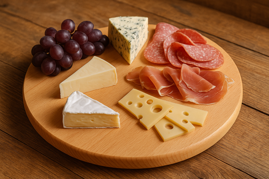 Drewniana deska obrotowa o średnicy 35 cm, wykonana z gładkiego drewna bukowego. Na desce ułożone są różne sery, wędliny i winogrona – plasterki salami, prosciutto, kawałki sera brie, ementalera i pleśniowego. Całość sfotografowana na drewnianym stole w ciepłym, naturalnym świetle – styl rustykalny