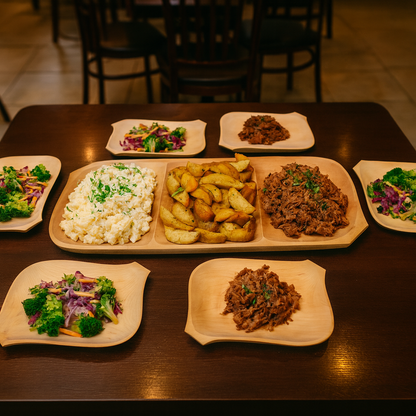 Rustykalne drewniane koryto biesiadne z trzema przegródkami wypełnionymi ziemniakami, sałatką i mięsem. Wokół koryta rozmieszczone mniejsze talerze z porcjami sałatek i mięsa. Całość ustawiona na drewnianym stole w restauracji, w ciepłym świetle, w tle widoczne krzesła