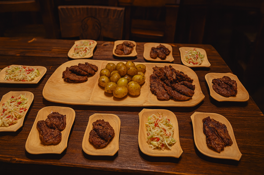 Rustykalna scena w karczmie – duże drewniane koryto wypełnione pieczonym mięsem, ziemniakami i sałatkami. Wokół koryta rozłożone mniejsze drewniane talerze z porcjami mięsa i sałatek. Drewniany stół, ciepłe światło, klimat biesiady.