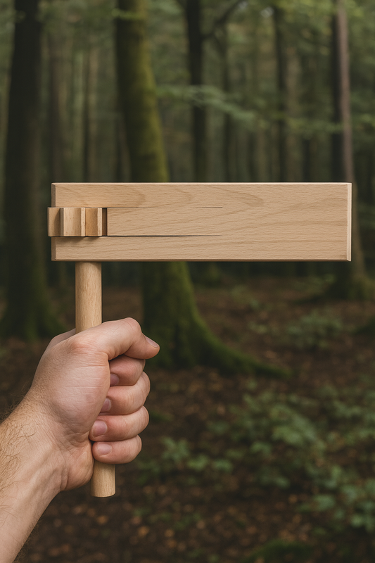 Drewniana kołatka dla naganiaczy trzymana w męskiej dłoni na tle leśnej scenerii. Narzędzie wykonane z jasnego drewna bukowego, widoczne detale konstrukcji i naturalna faktura drewna.