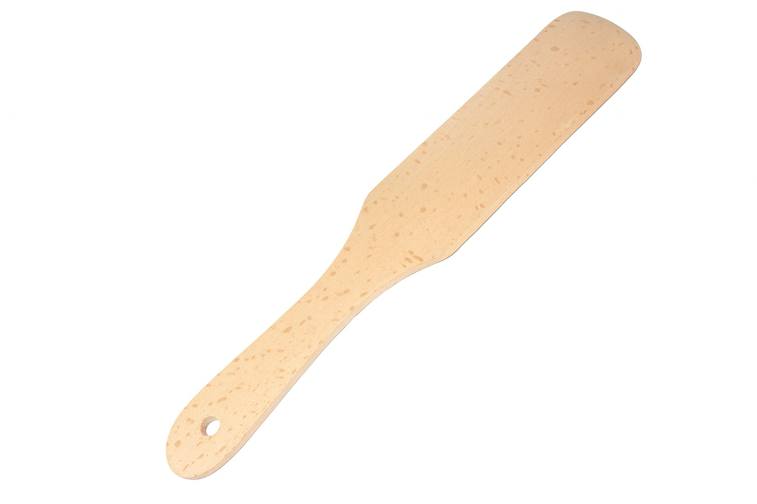 Drewniana łopatka do naleśników wykonana z jasnego buku, gładko szlifowana, z otworem do zawieszenia. Długość 29 cm, szerokość części roboczej 5,5 cm – Chłopcy z Rancza / Ranch Boys.