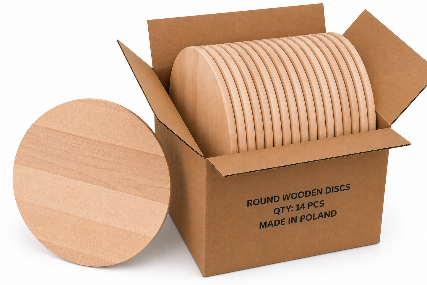 Bulk Box 45 cm – okrągłe deski bukowe do graweru i personalizacji w kartonie zbiorczym 14 szt., drewniane blanki B2B made in Poland