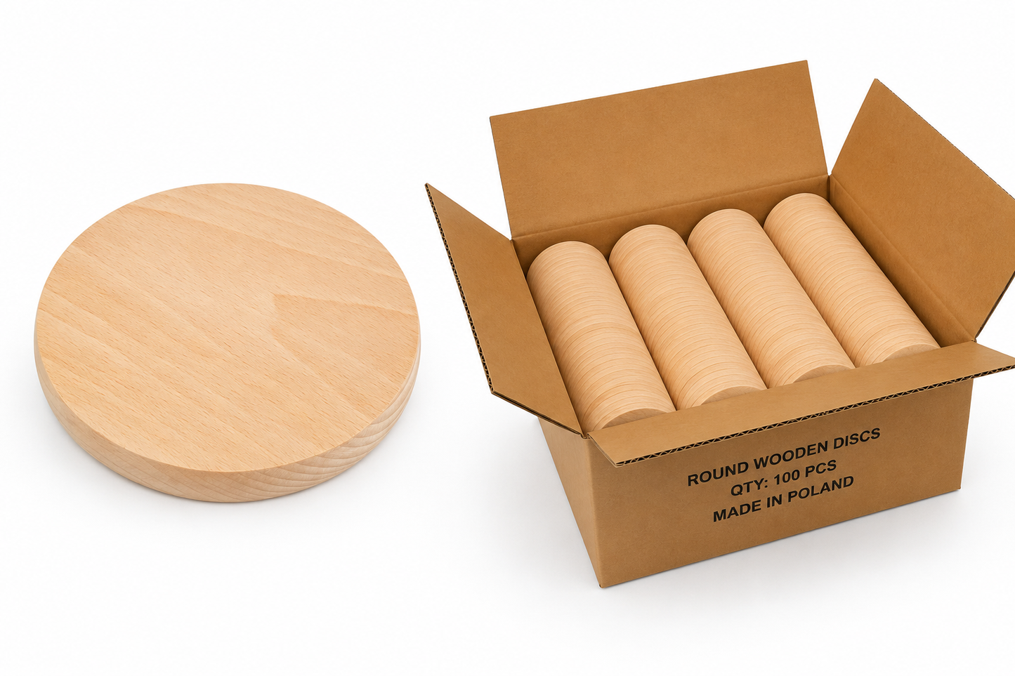 Bulk Box 16 cm – okrągłe deski bukowe do graweru i personalizacji w kartonie zbiorczym 100 szt., drewniane blanki B2B made in Poland