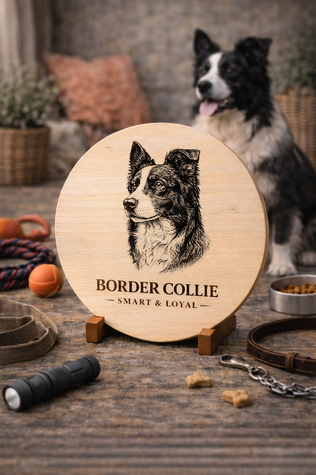 Deska drewniana z grawerem psa Border Collie – okrągła deska dekoracyjna dla miłośników psów