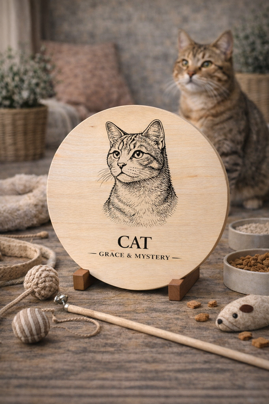 Drewniana deska z grawerem kota – okrągła dekoracyjna deska dla właścicieli kotów