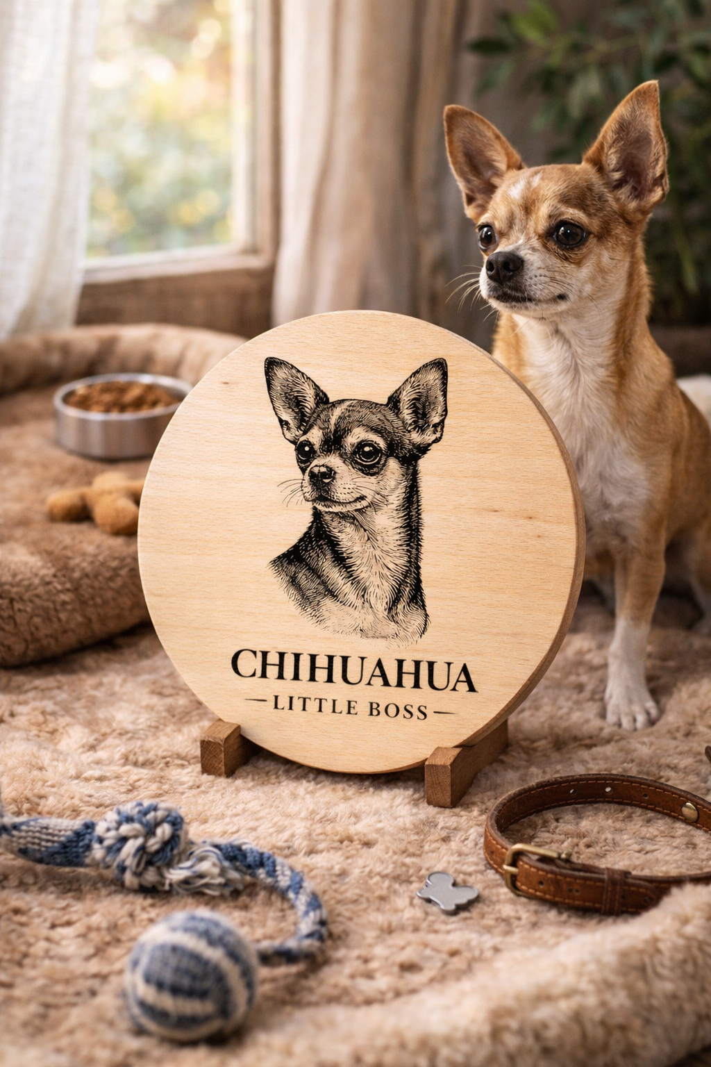 Drewniana deska z grawerem psa Chihuahua – okrągła deska dekoracyjna dla miłośników psów