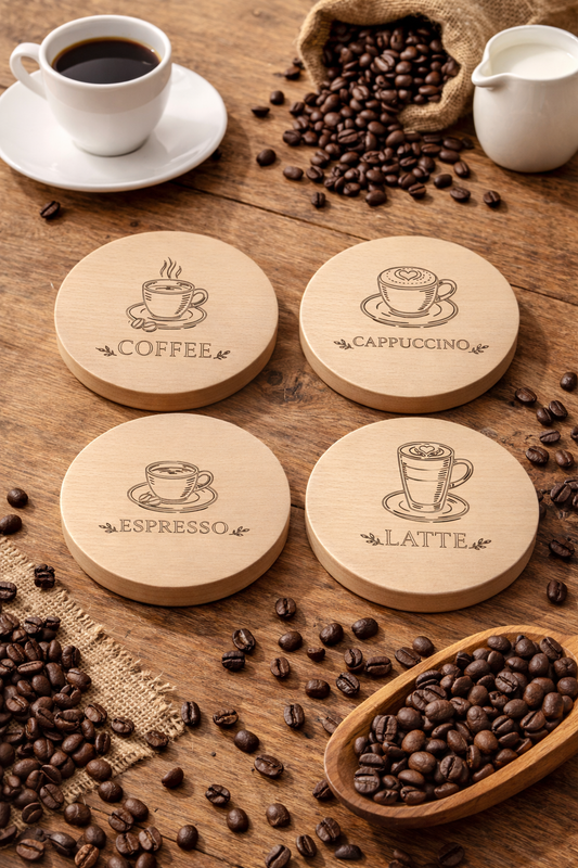 Bukowe podkładki pod kubek z grawerem Coffee Latte Cappuccino Espresso w aranżacji z filiżanką kawy