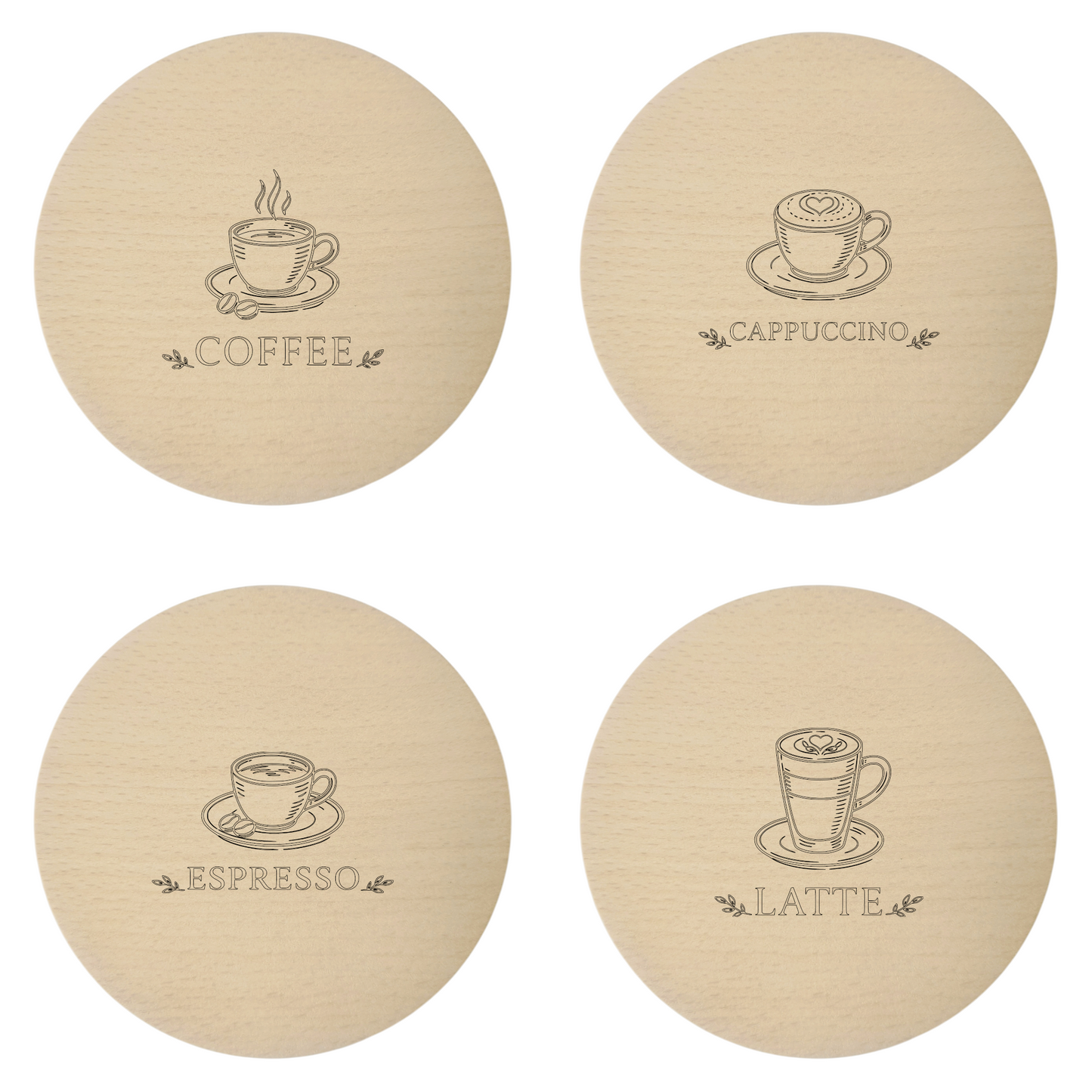 Drewniane podkładki pod kubek z grawerem Coffee Latte Cappuccino Espresso – zestaw bukowych podkładek 10 cm