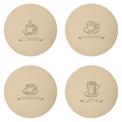 Drewniane podkładki pod kubek z grawerem Coffee Latte Cappuccino Espresso – zestaw bukowych podkładek 10 cm