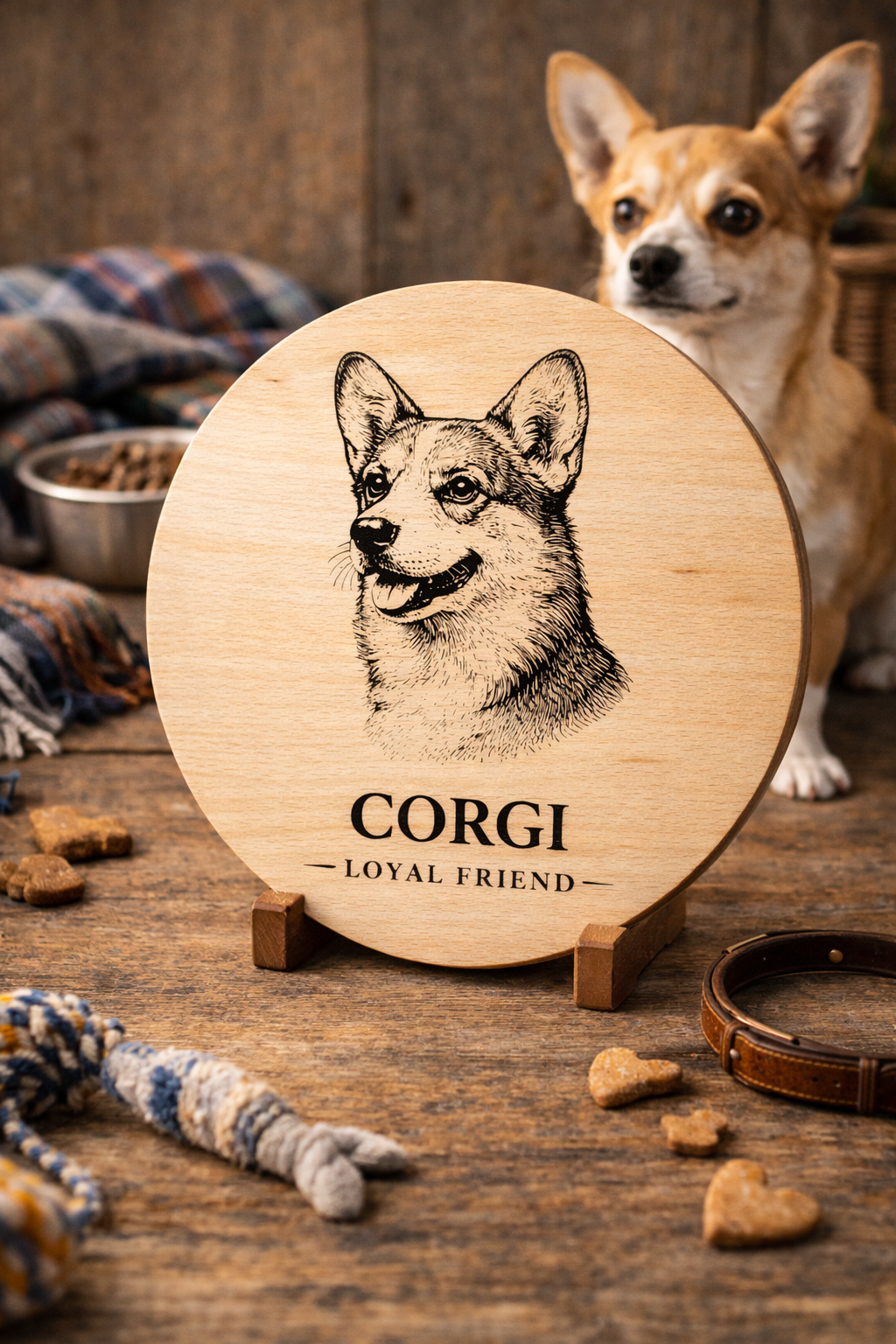 Drewniana deska z grawerem psa Corgi – okrągła dekoracyjna deska dla miłośników psów
