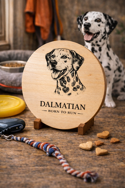Drewniana deska z grawerem psa Dalmatyńczyk – okrągła deska dekoracyjna dla miłośników tej rasy