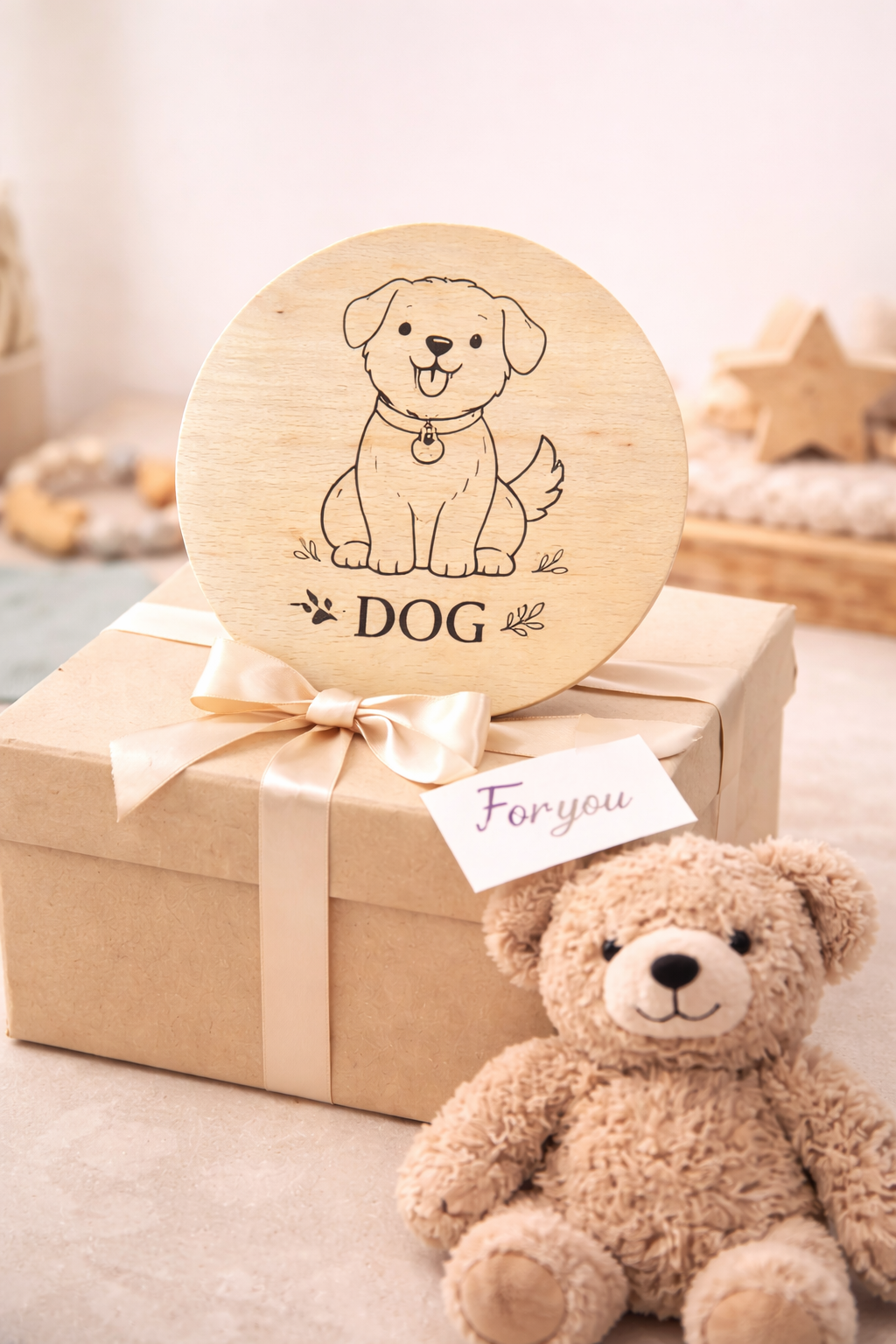 drewniana deseczka dla dziecka z grawerem pieska dog, prezent dla dziecka, dekoracyjna deska drewniana 20 cm