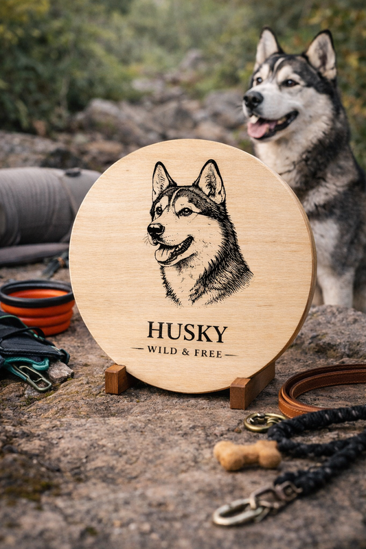 Drewniana deska z grawerem psa Husky – okrągła deska dekoracyjna dla miłośników psów