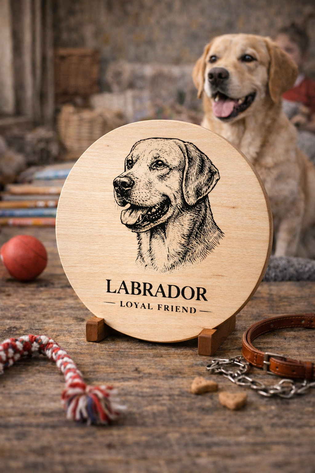 Drewniana deska z grawerem psa Labrador – okrągła deska dekoracyjna dla miłośników tej rasy