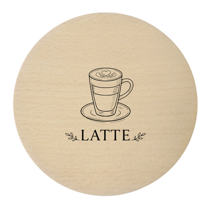 Sous-verres en bois gravés – lot de 4 pièces. Coffee Latte Cappuccino Espresso, hêtre 10 cm