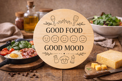 Planche en hêtre avec gravure GOOD FOOD GOOD MOOD – planche de cuisine ronde 20 cm