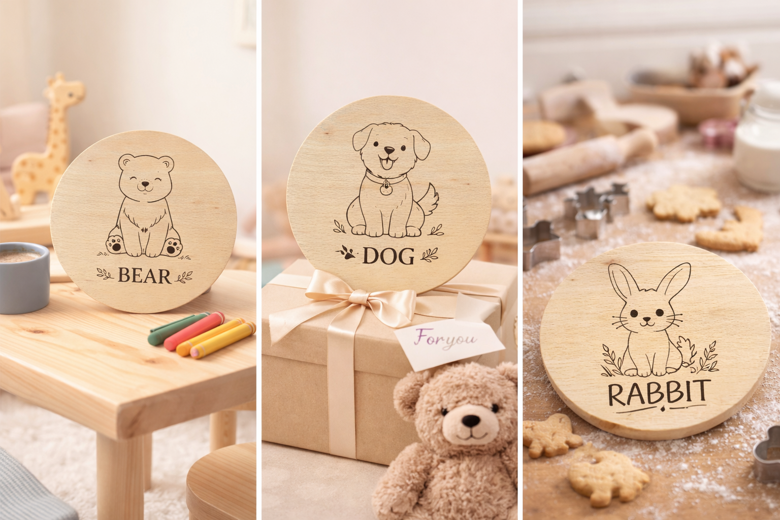 drewniana deseczka dziecięca z grawerem misia bear, okrągła deska 20 cm, dekoracja do pokoju dziecka