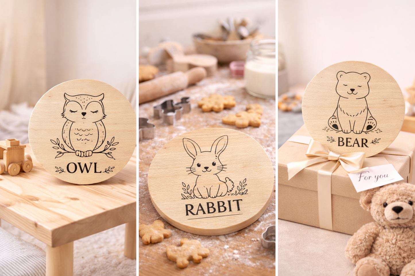 Planche en hêtre avec gravure de hibou – planche en bois pour enfants 20 cm