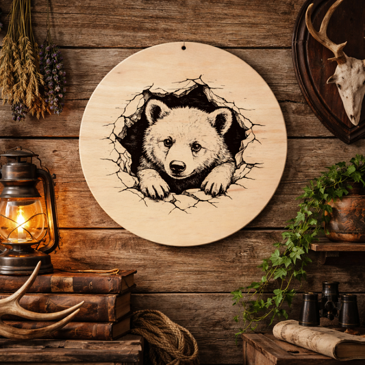 Deska drewniana z grawerem niedźwiedzia zawieszona na ścianie – rustykalna dekoracja myśliwska z naturalnego drewna bukowego