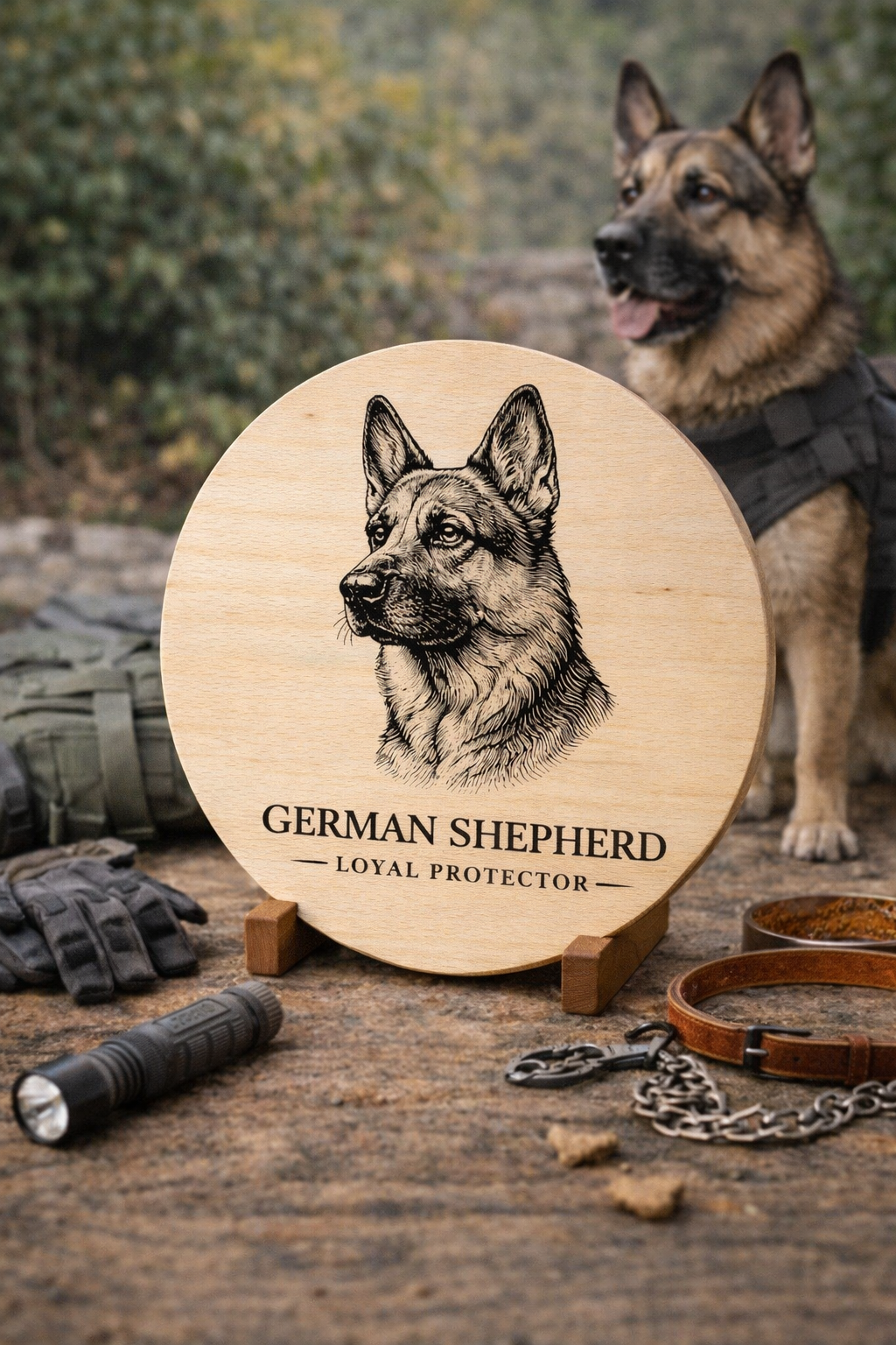 Drewniana deska z grawerem German Shepherd Loyal Protector – prezent dla właściciela owczarka niemieckiego