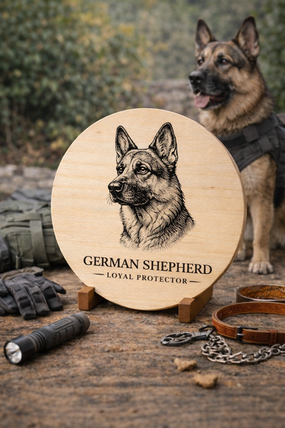 Drewniana deska z grawerem German Shepherd Loyal Protector – prezent dla właściciela owczarka niemieckiego