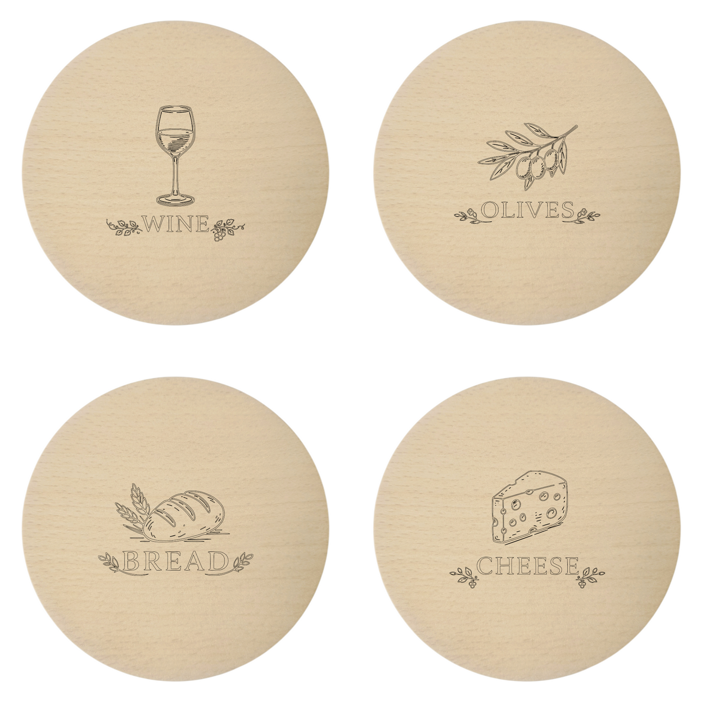 Drewniane podkładki pod kubek z grawerem WINE, BREAD, CHEESE i OLIVES – zestaw podkładek z drewna bukowego