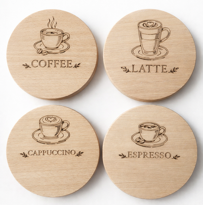 Drewniane podkładki pod kubek z grawerem Coffee Latte Cappuccino Espresso – zestaw bukowych podkładek 10 cm