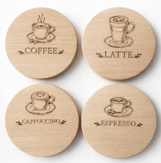 Drewniane podkładki pod kubek z grawerem Coffee Latte Cappuccino Espresso – zestaw bukowych podkładek 10 cm