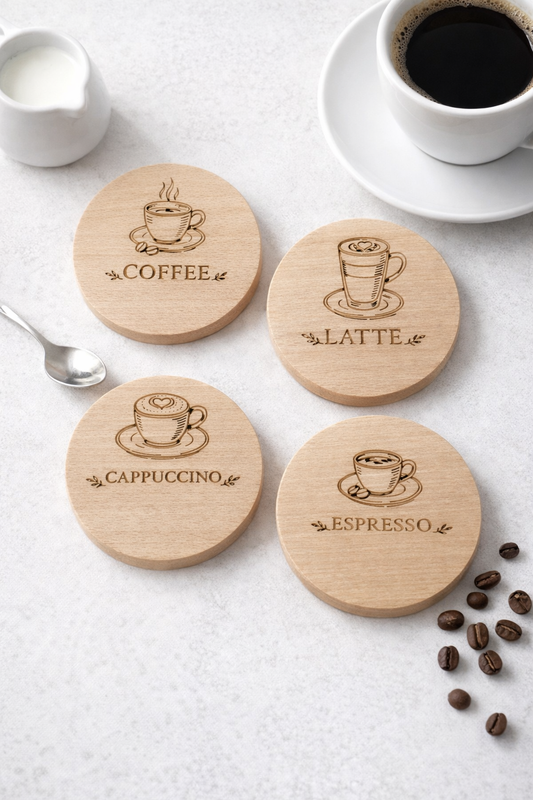 Bukowe podkładki pod kubek z grawerem Coffee Latte Cappuccino Espresso w aranżacji z filiżanką kawy