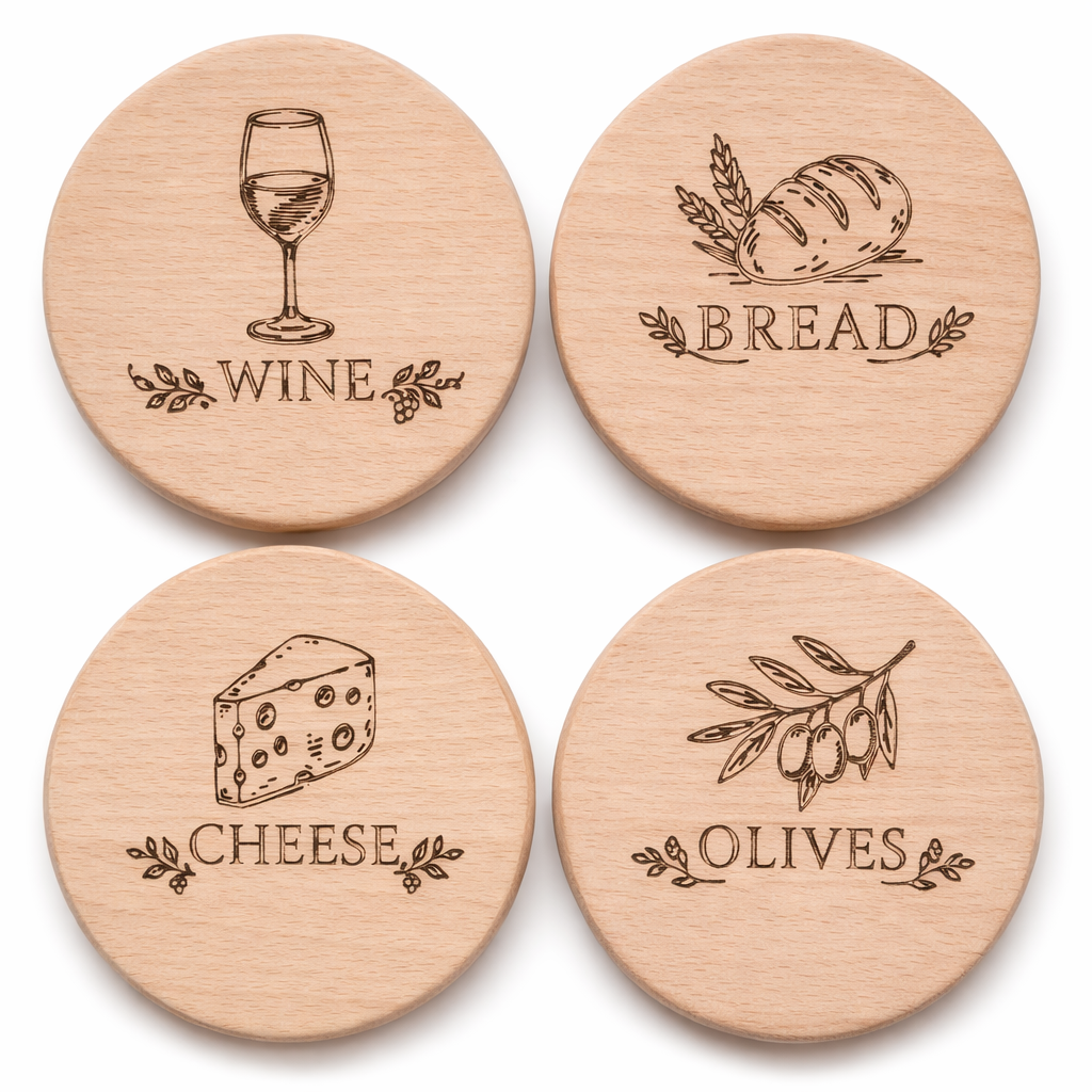 Drewniane podkładki pod kubek z grawerem WINE, BREAD, CHEESE i OLIVES – zestaw podkładek z drewna bukowego