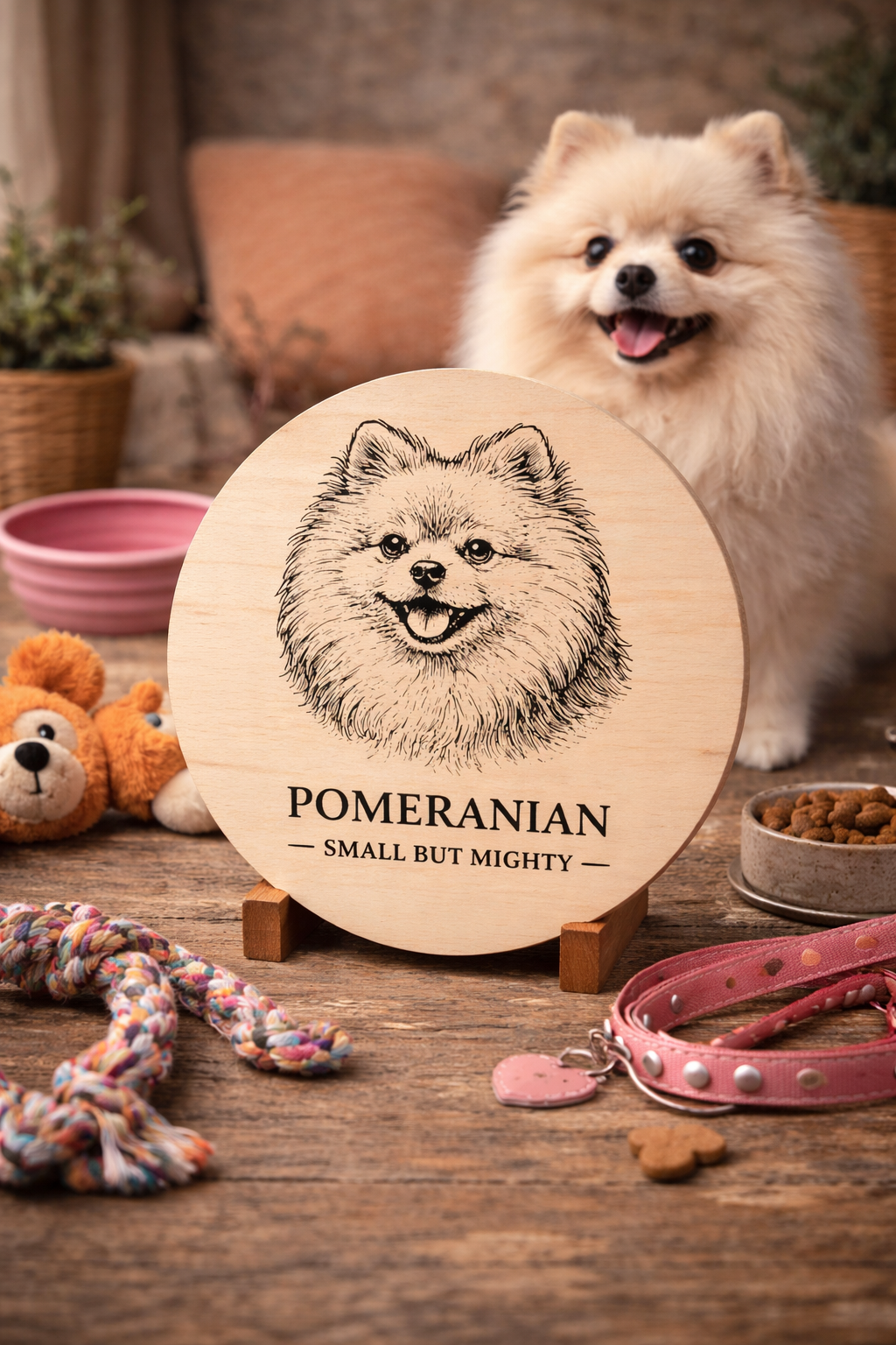 Drewniana deska z grawerem psa Pomeranian na rustykalnym stole z akcesoriami dla psa